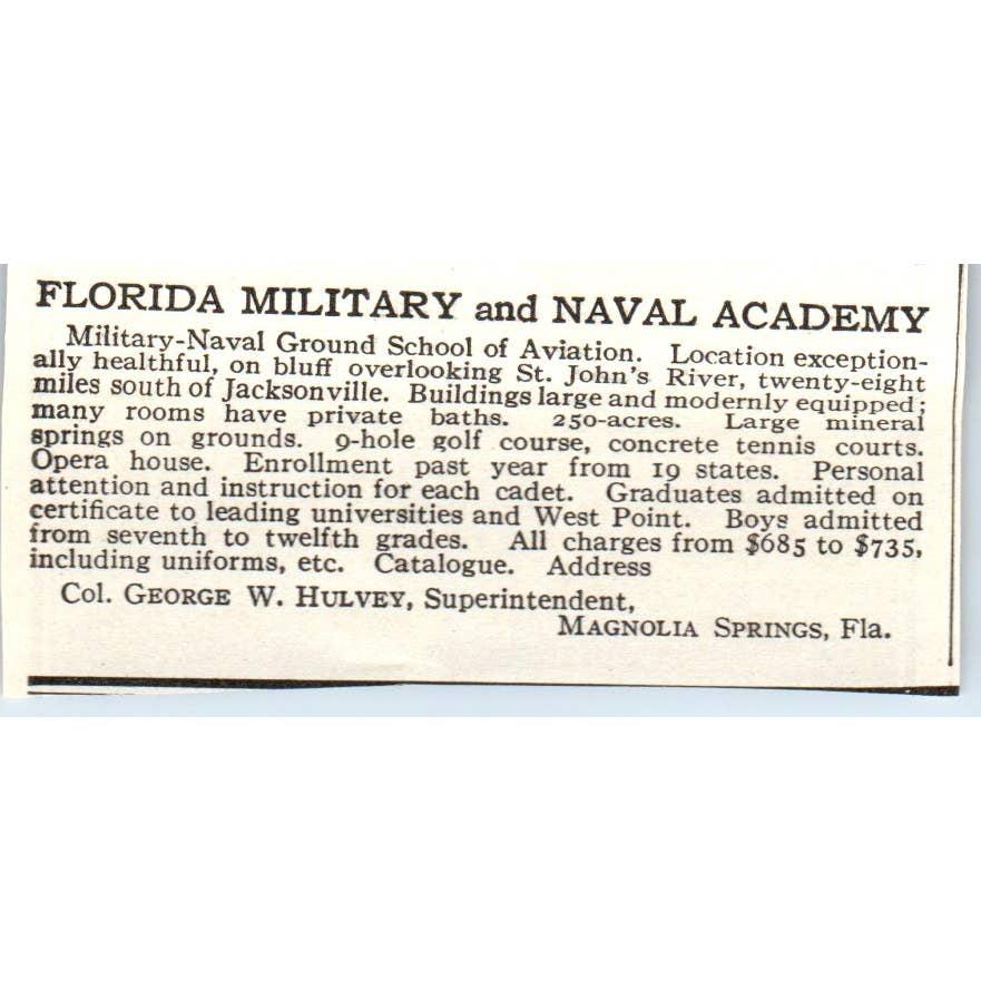 c1920 Harper's Ad - Florida Military & Naval Academy George W. Hulvey EA3-1
