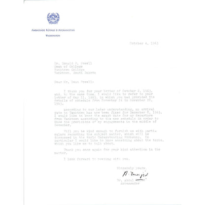 Afghanistan Ambassador Official Letterhead Memo Oct 1963 TK1-P8