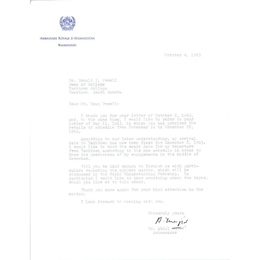 Afghanistan Ambassador Official Letterhead Memo Oct 1963 TK1-P8