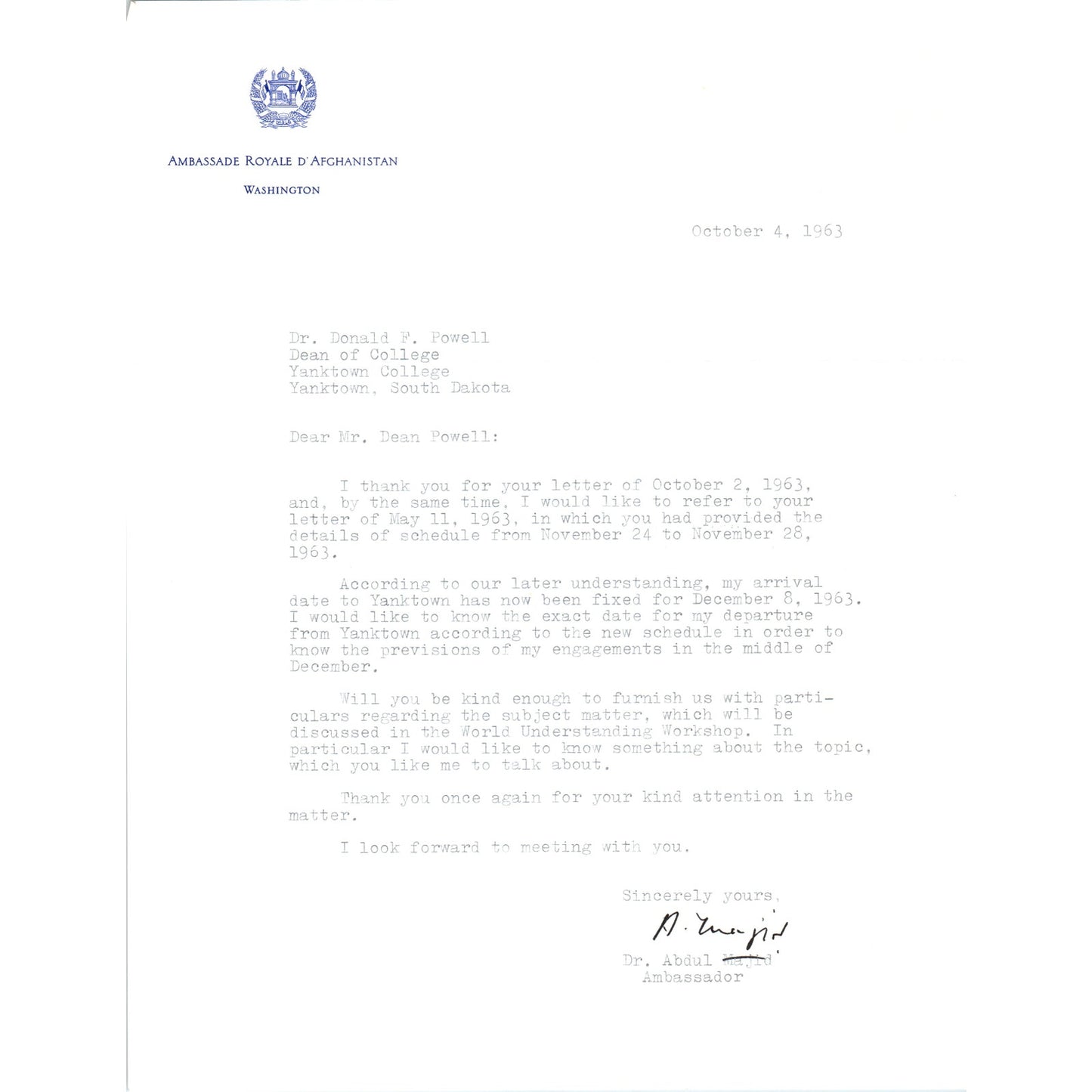 Afghanistan Ambassador Official Letterhead Memo Oct 1963 B13