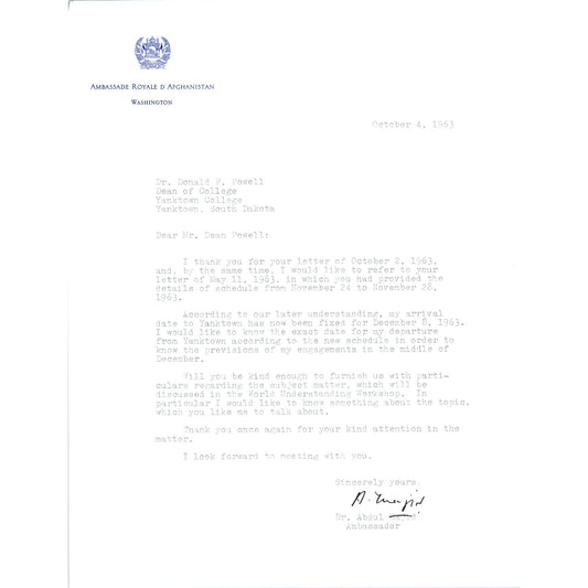 Afghanistan Ambassador Official Letterhead Memo Oct 1963 B13