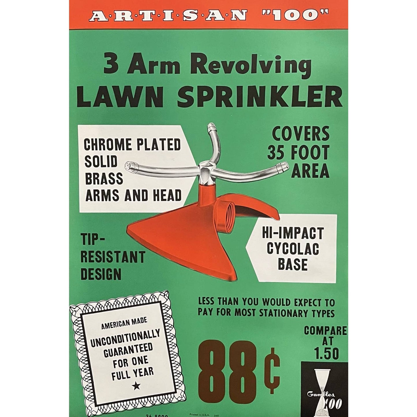 1960 Artisan 3 Arm Sprinkler Gambles 100 Retail Store Display Poster 13.5x20