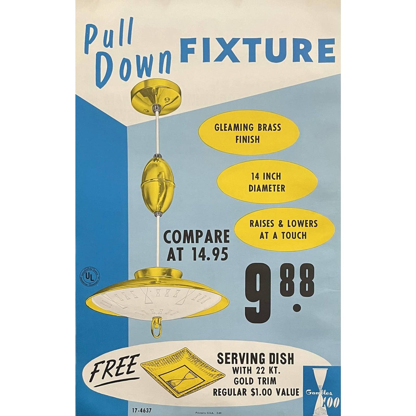 1960 MCM Pull-Down UFO Light Fixture Gambles 100 Retail Store Poster 13.5x20