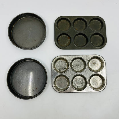 Vintage Toy Kitchen Metal 4 Piece Baking Set Muffin Tin Pie Pan TB6