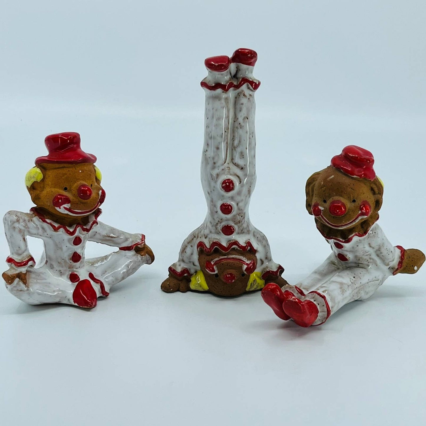 Vintage Clowns made by Napcoware, Red Clay Ceramic Clown Set of 3 Figurines SA4