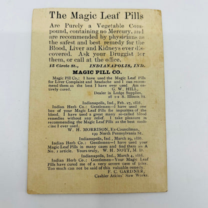 1880s Victorian Trade Card Indianapolis Quack Medicine Magic Leaf Pills AH9-M6