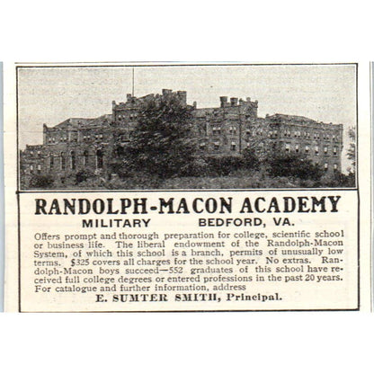 c1920 Harper's Magazine Ad - Randolph-Macon Academy E. Sumter Smith Bedford EA3