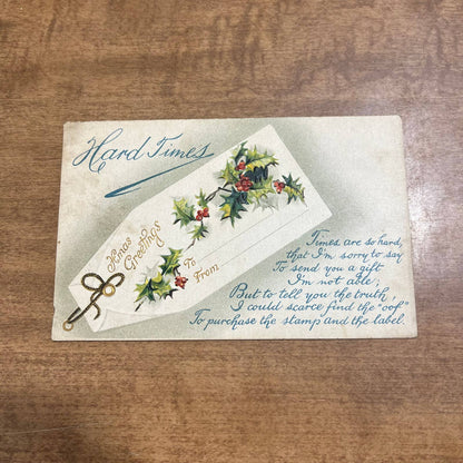 c1910 Embossed Holly Hard Times BB London X101 Christmas Greetings Postcard PA2