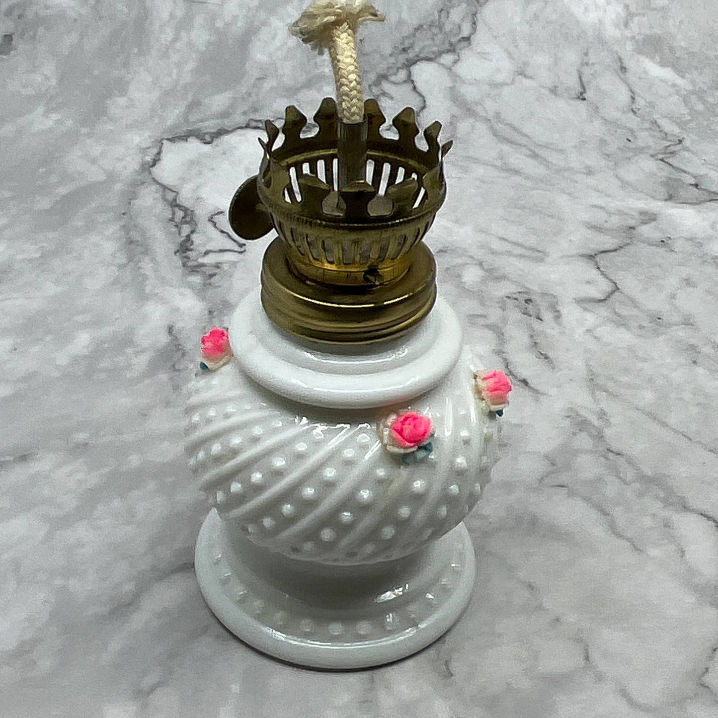 Vintage Enesco Minature Oil Lamp Hobnail Milk Glass & Bone China 8" TI7