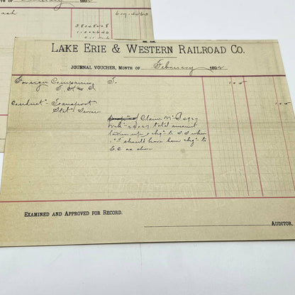 1892 Lake Erie & Western Railroad Co. Journal Voucher RR Lot of 2 AB1-5