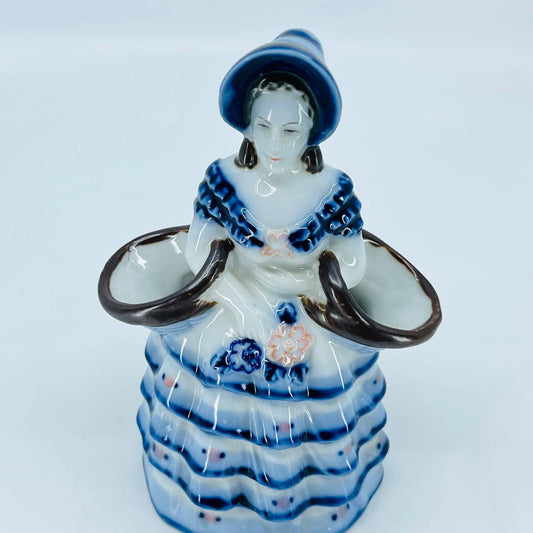 Occupied Japan Porcelain English Lady Blue Bonnet Double Basket Bud Vase TC6