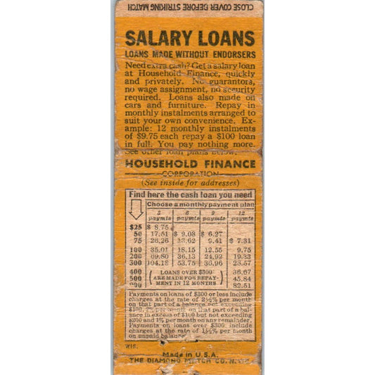 Vintage Matchbook Cover Household Finance Corporation Salary Loans SE5-2