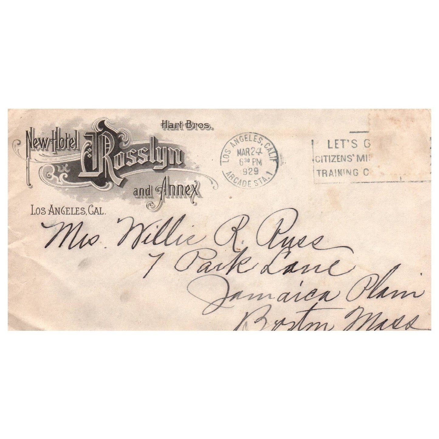 1929 Original 2 Page Letter & Envelope Letterhead Hotel Rosslyn Los Angeles SE4