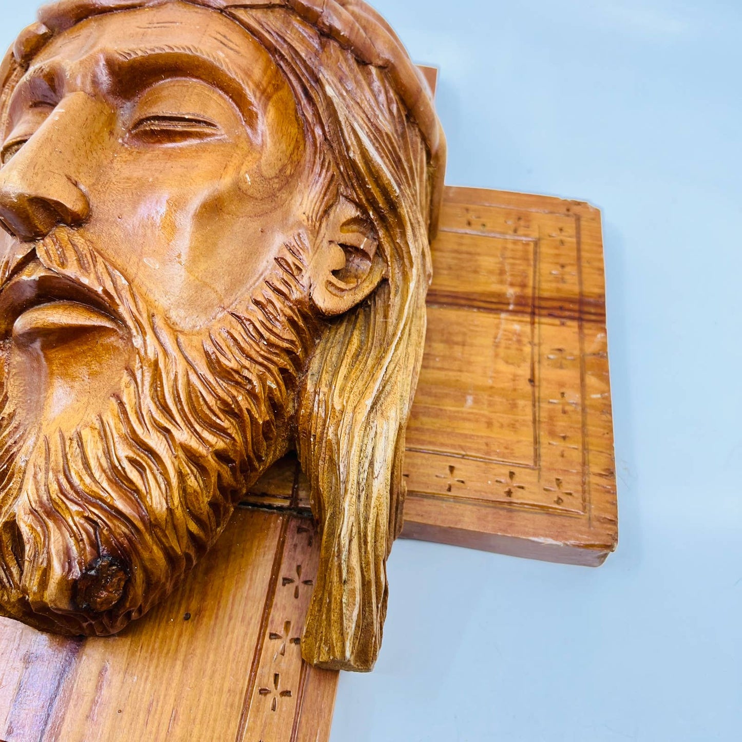 Amazing Hand Carved Jesus Face Cross Relief Wall Plaque Olive Wood 12x13x4