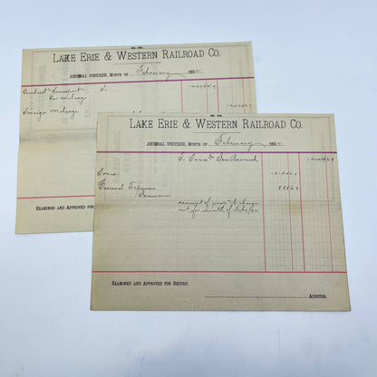 1892 Lake Erie & Western Railroad Co. Journal Voucher RR Lot of 2 AB1-3