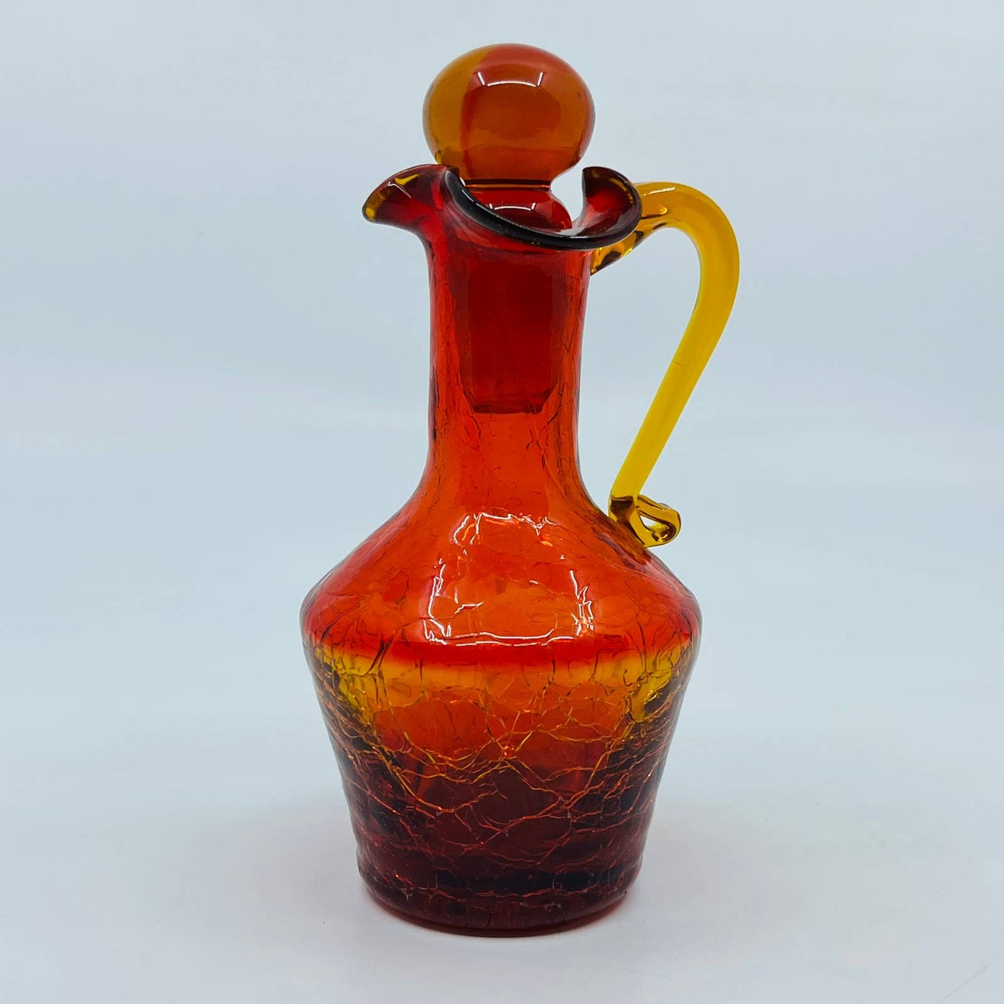 Vintage Pilgrim Crackle Glass Amberina Cruet Pitcher w/ Stopper GLOWS 5.5” TD2