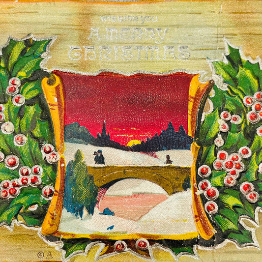 1910s Christmas Post Card Embossed Bridge Birch Bark Scroll Snow Holly PA4