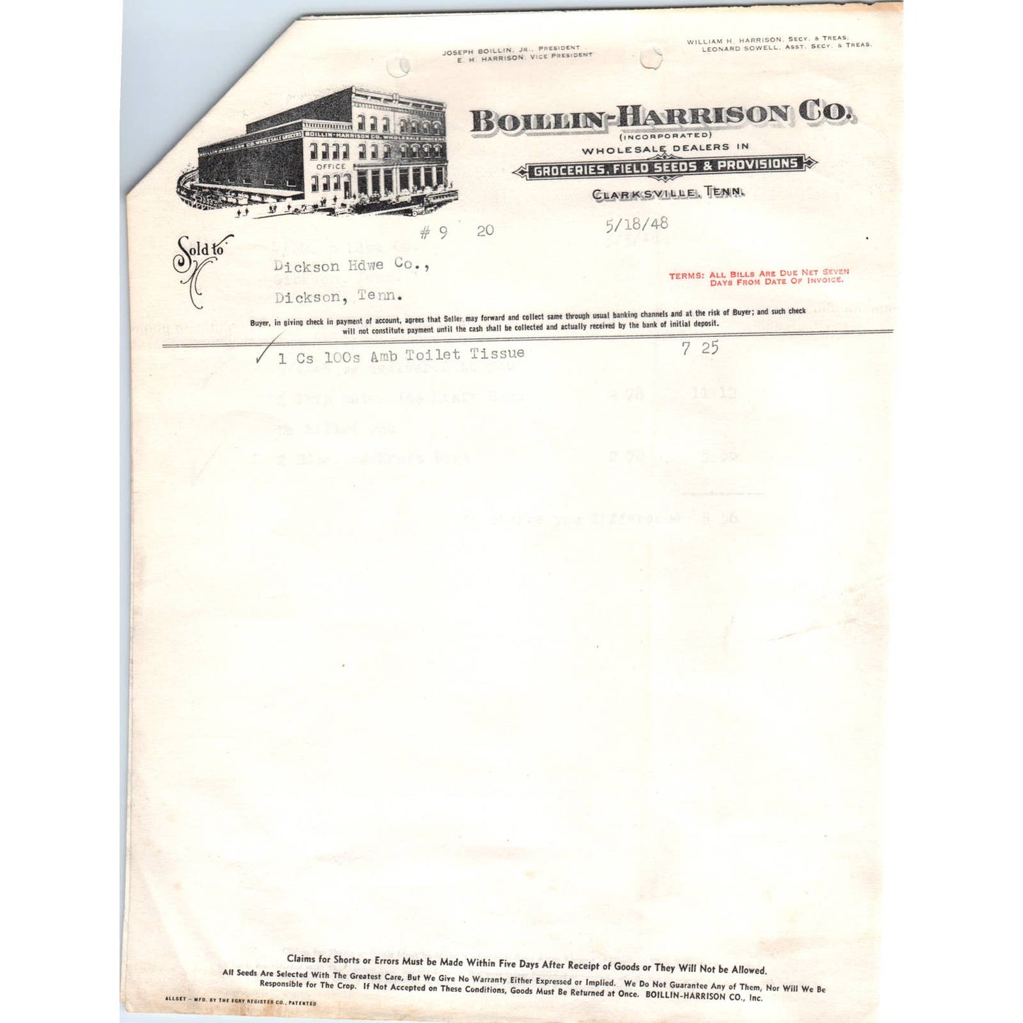 1948 Boillin-Harrison Co Billhead Set Groceries Clarksville TN AD5-1