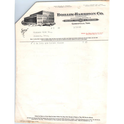 1948 Boillin-Harrison Co Billhead Set Groceries Clarksville TN AD5-1