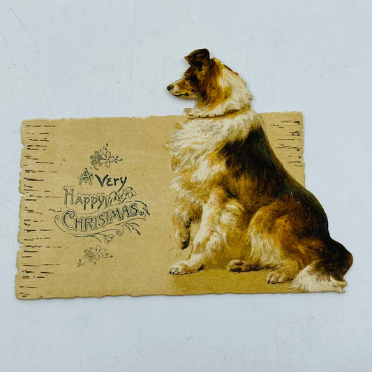 1880s Victorian Die Cut Christmas Greeting Card Collie Dog AA2