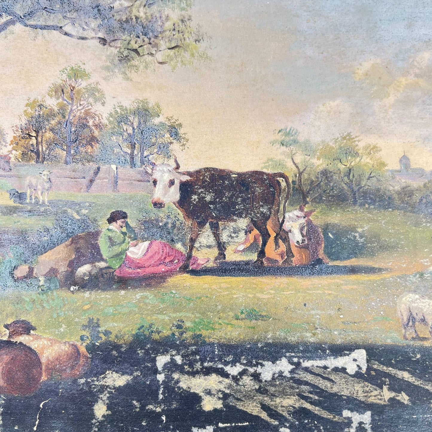 1880s Original Painting Pasture Scene Woman & Cows 8x10 AA7