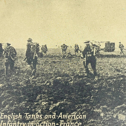 c1918 Postcard WWI English Tanks and American Inventory in Action France PA9-2