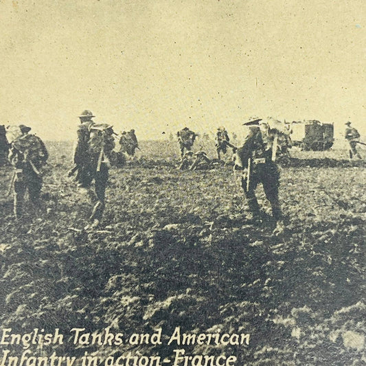 c1918 Postcard WWI English Tanks and American Inventory in Action France PA9-2