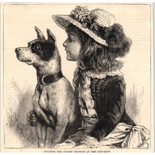 1885 Engraving Victorian Girl With Jack Russell Terrier 6" AD4