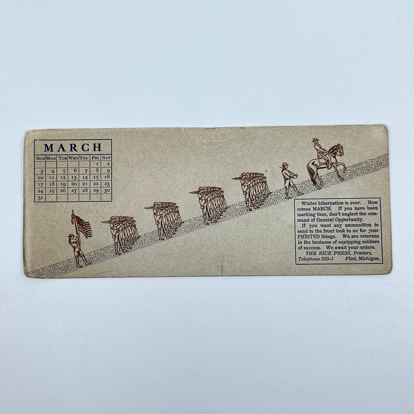 1910s Blotter Card The Rice Press March Calendar Army Soldiers Flint MI SC8
