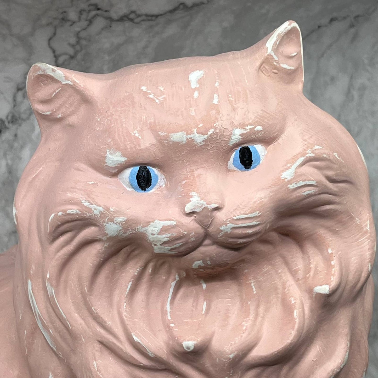 Vtg Hand Painted Lifesize Ceramic PINK Blue Eyes Fluffy Persian Cat Statue 14”