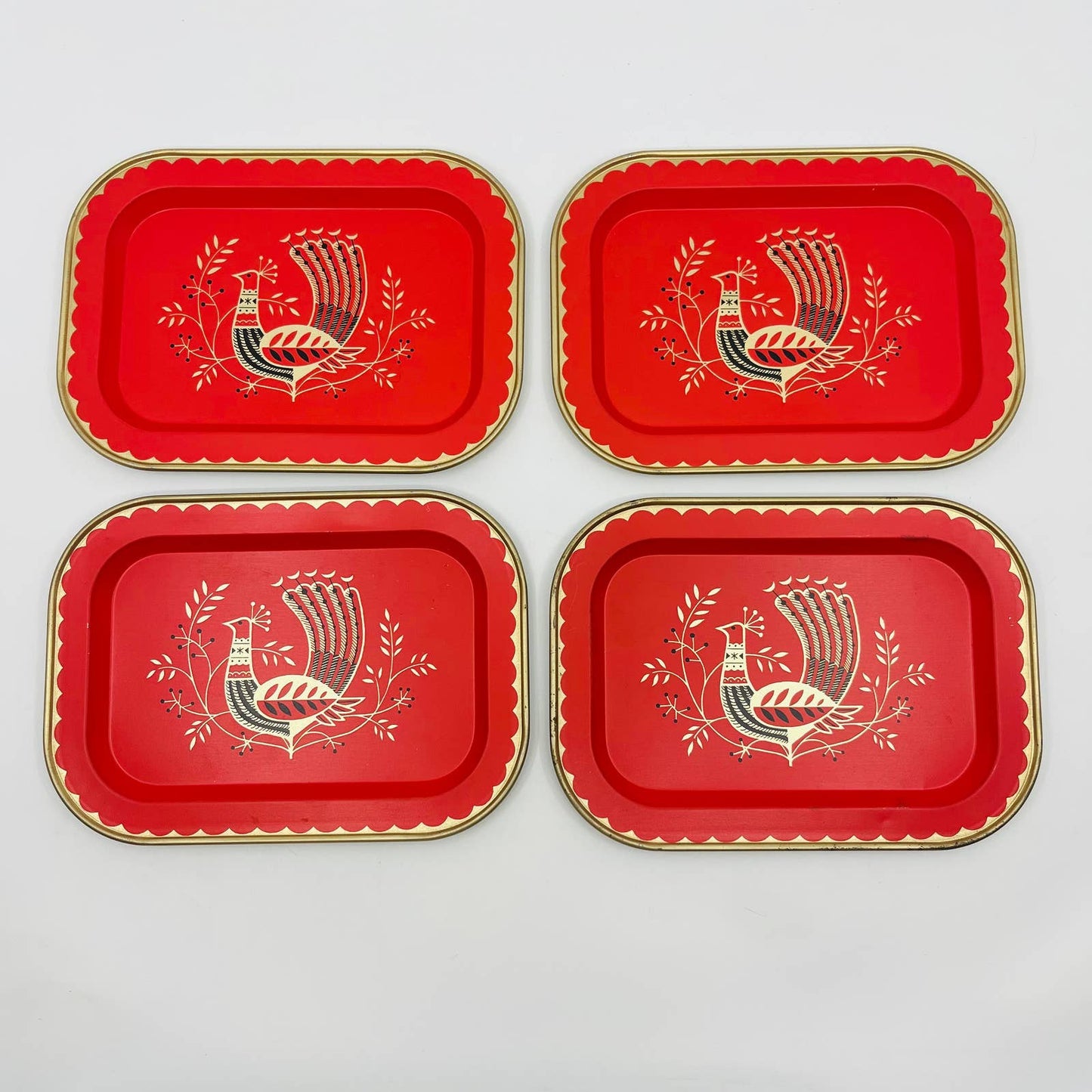 MCM Vintage Red Pink Peacock Metal Bird Cocktail Tray 7x5” Set of 4 TA9