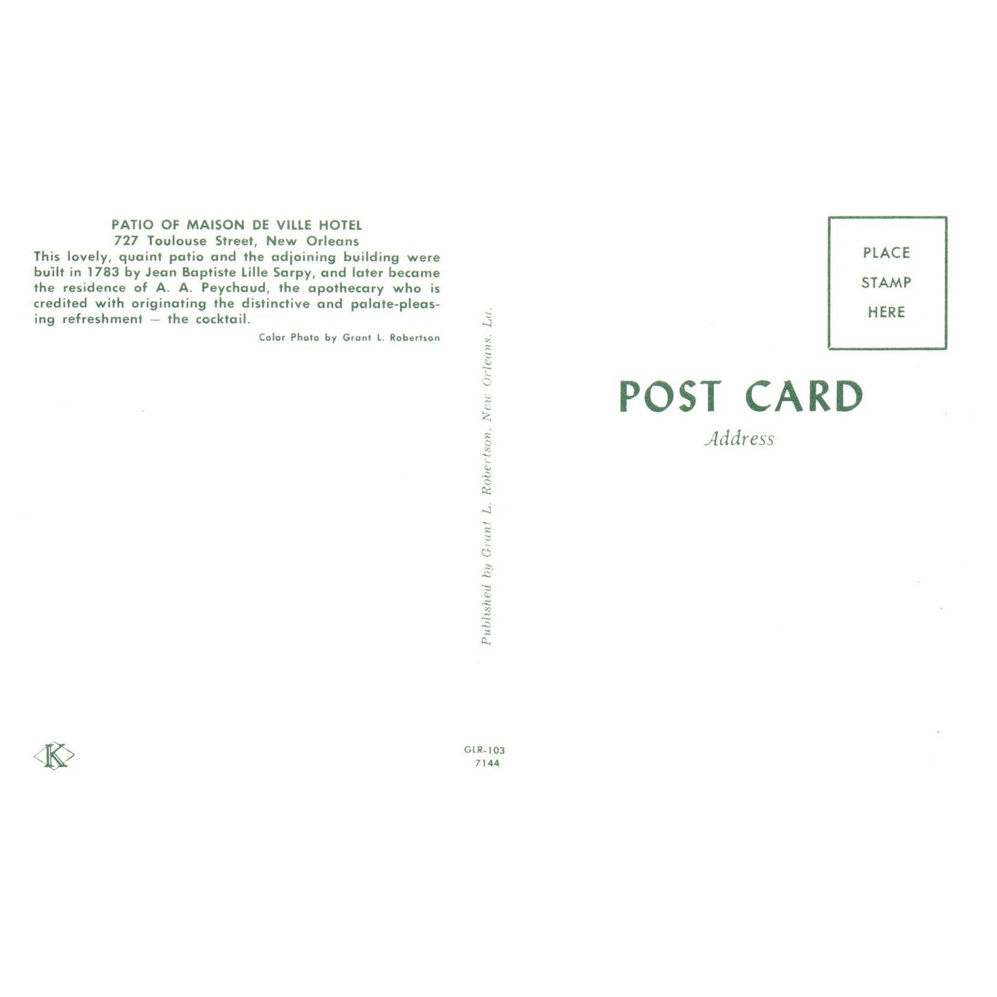 Vintage Postcard - Patio of Maison De Ville Hotel Toulouse St. New Orleans TJ7-1