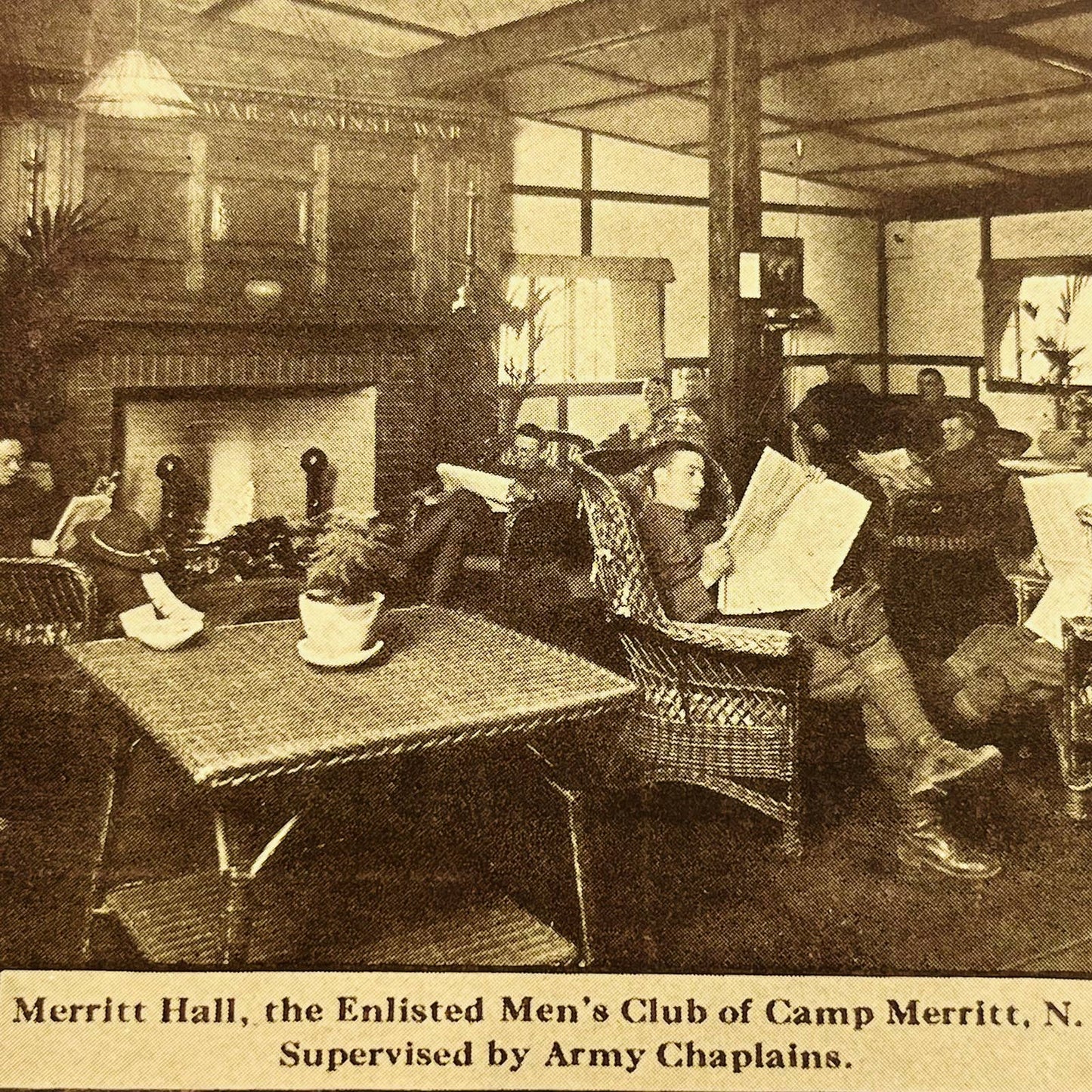 c1918 Postcard WWI Inside Merritt Hall NJ Enlisted Men’s Club Army Chaplain PA9