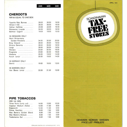 Vintage 1972 Scandinavian Tax-Free Stores Price List For Travelers Brochure AD7