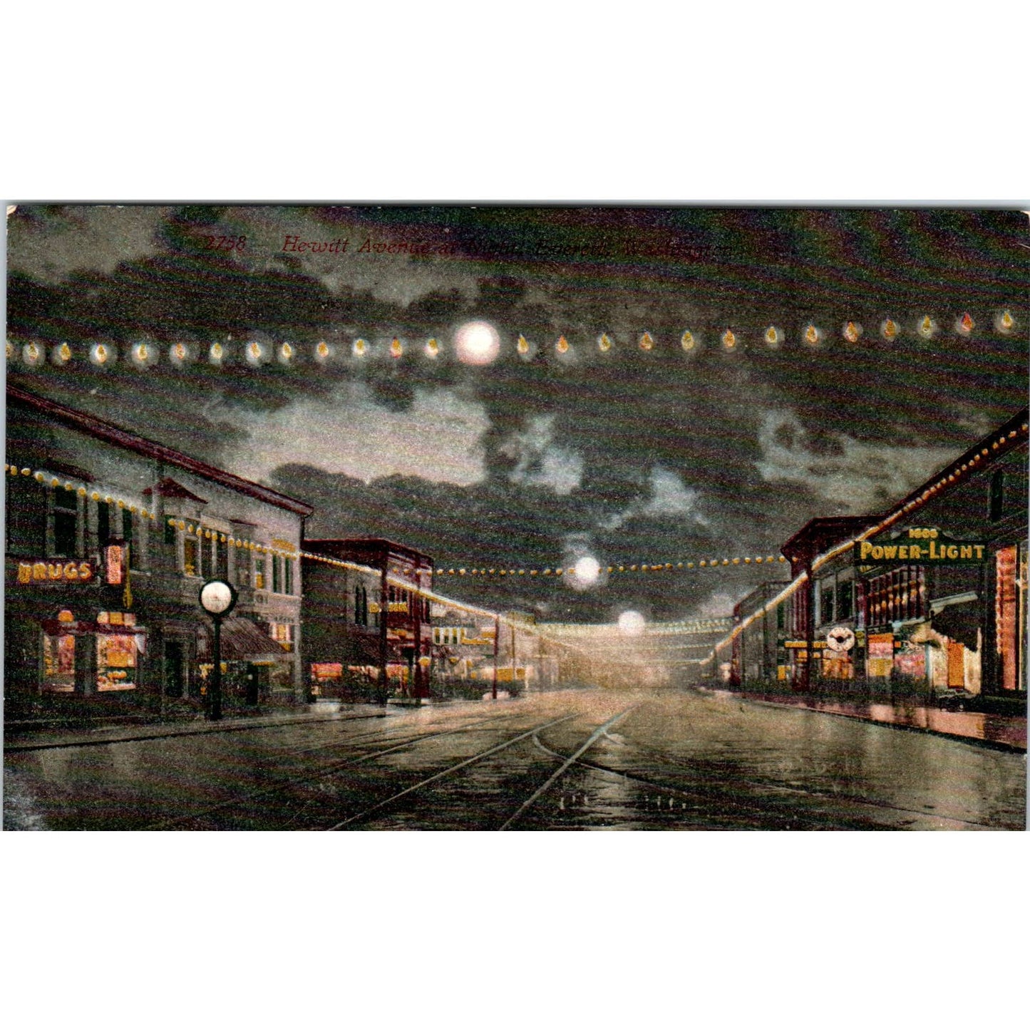 Vintage Postcard Hewitt Avenue at Night Everett Washington TD9-W2