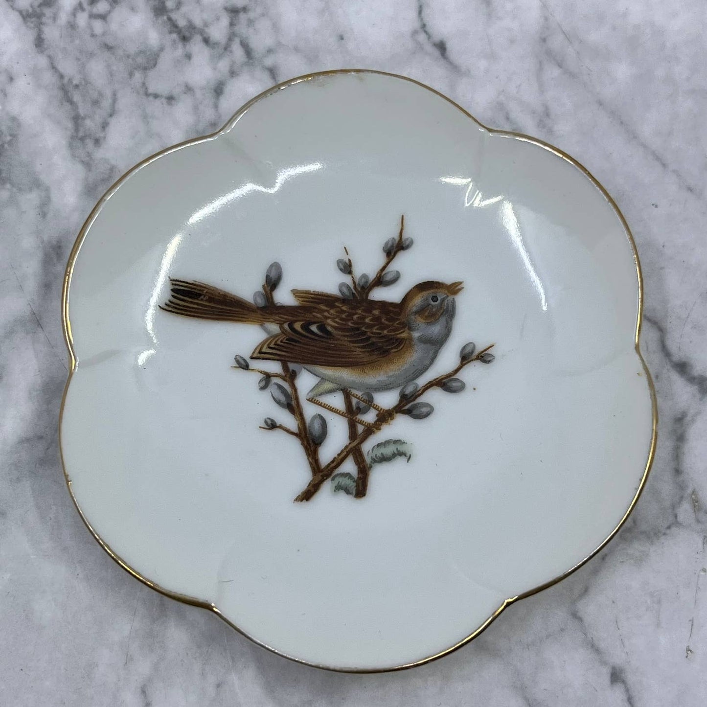 Vintage Small Plate Trinket Dish Hand Painted Bird And Pussy Willows 4” TB5