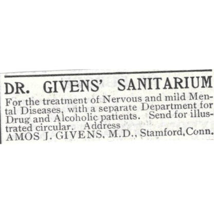Dr. Givens' Sanitarium Amos J. Givens Stamford CT - 1903 Original Ad TJ8-7-7
