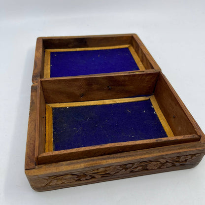 Vintage Carved Hand-Crafted Wood Stationary Jewelry Trinket Box 7x5x2.5” TG4