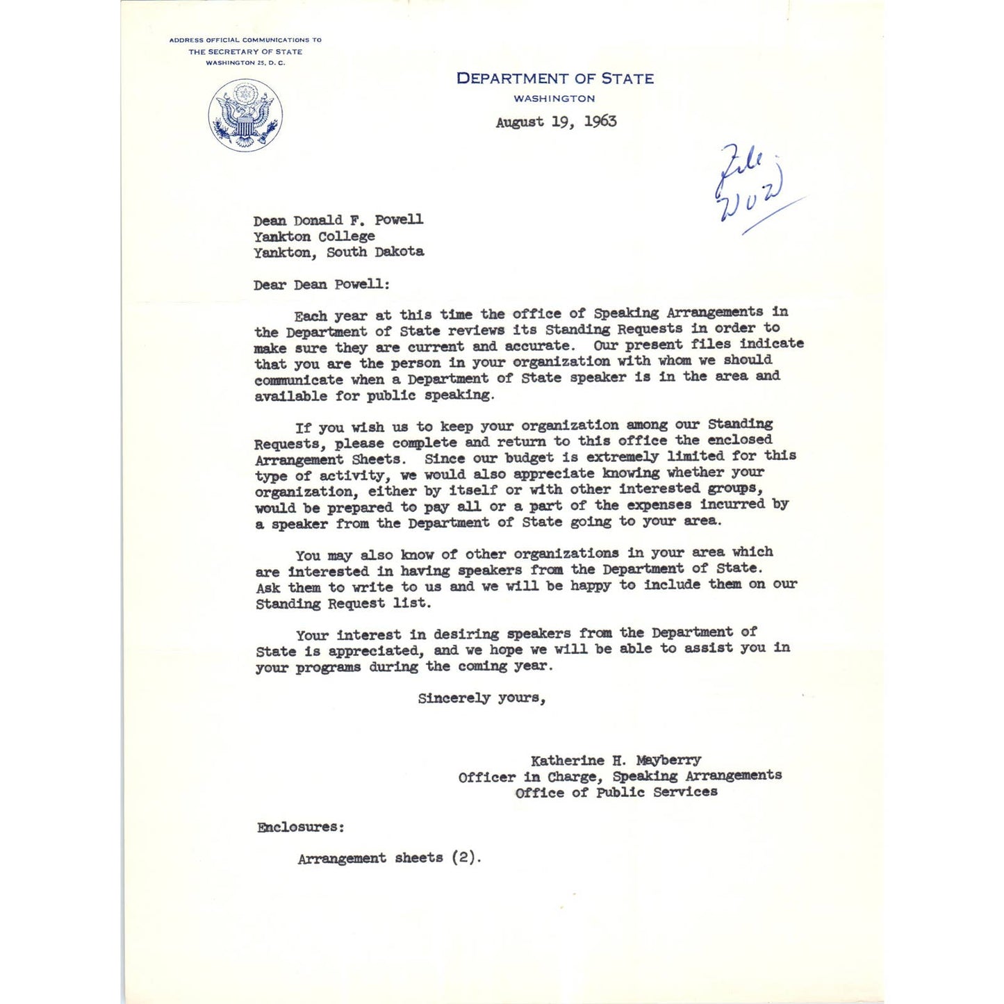 US Department of State Official Letterhead Memo Aug 19 1963 TK1-P11