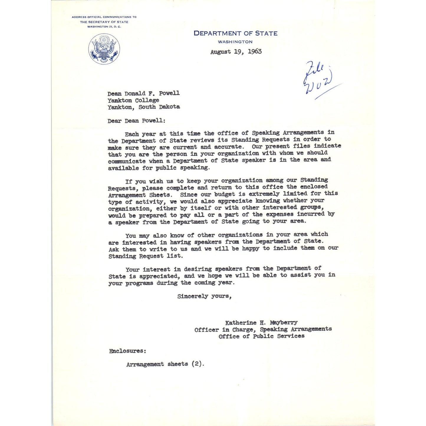 US Department of State Official Letterhead Memo Aug 19 1963 B15