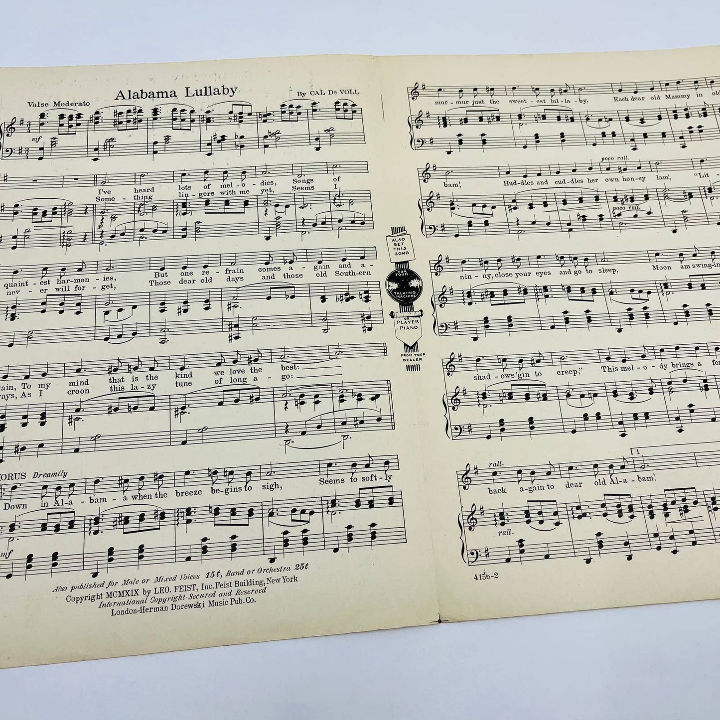 1919 Sheet Music Alabama Lullaby Cal DeVoll M1