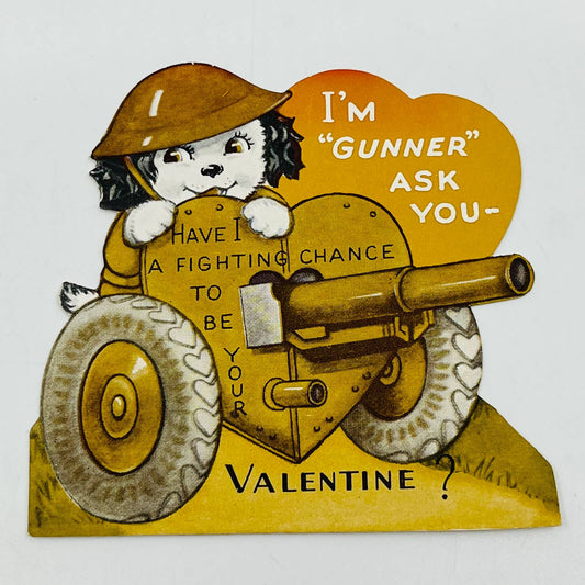 Vintage 1943 WWII Era Anthropomorphic Dog Gunner Valentine’s Day Card AA2