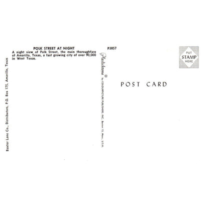 Vintage Postcard - Polk Street at Night Amarillo West Texas AD9