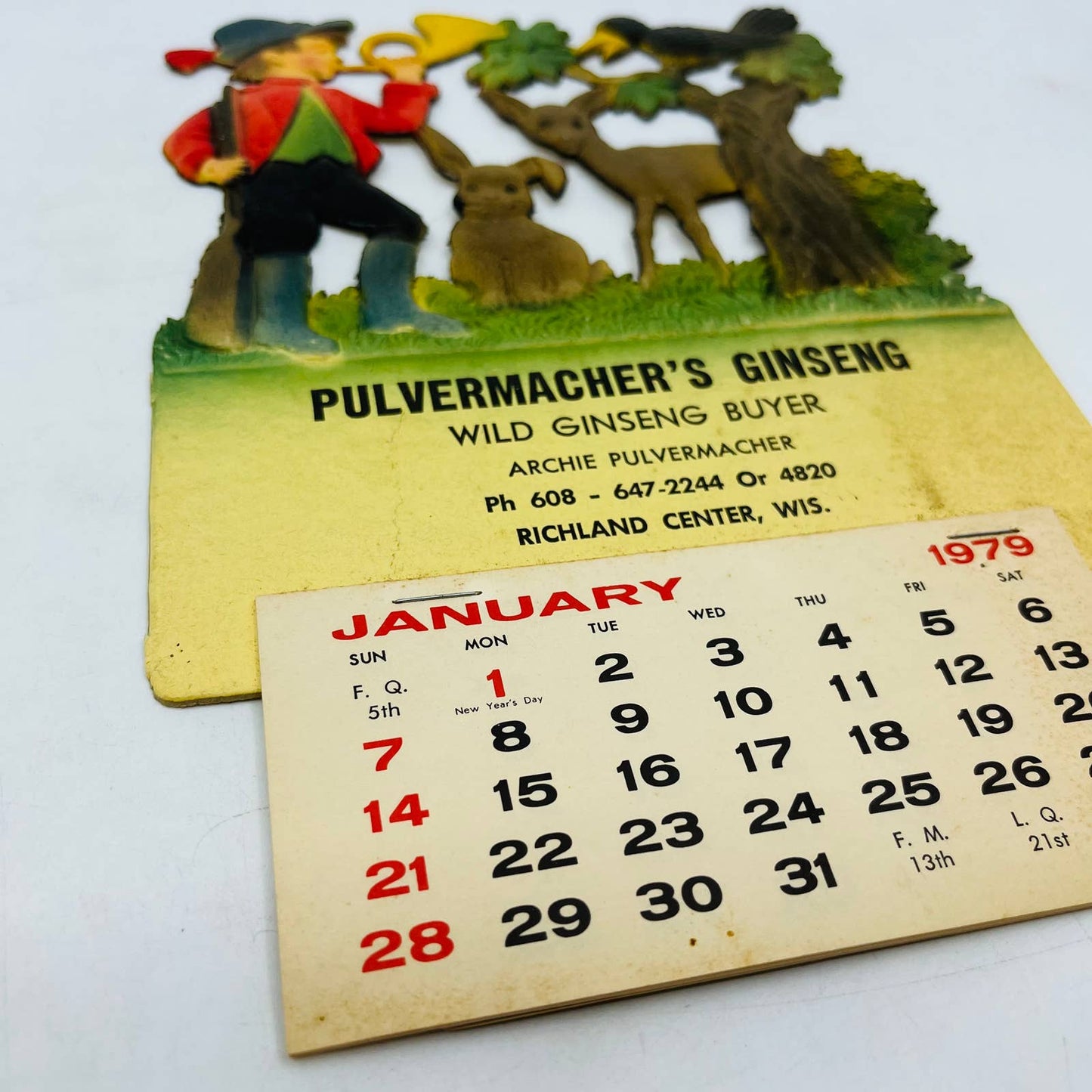 1979 Die Cut Embossed Calendar Pulvermacher Ginseng Buyer Richland Center WI TD3