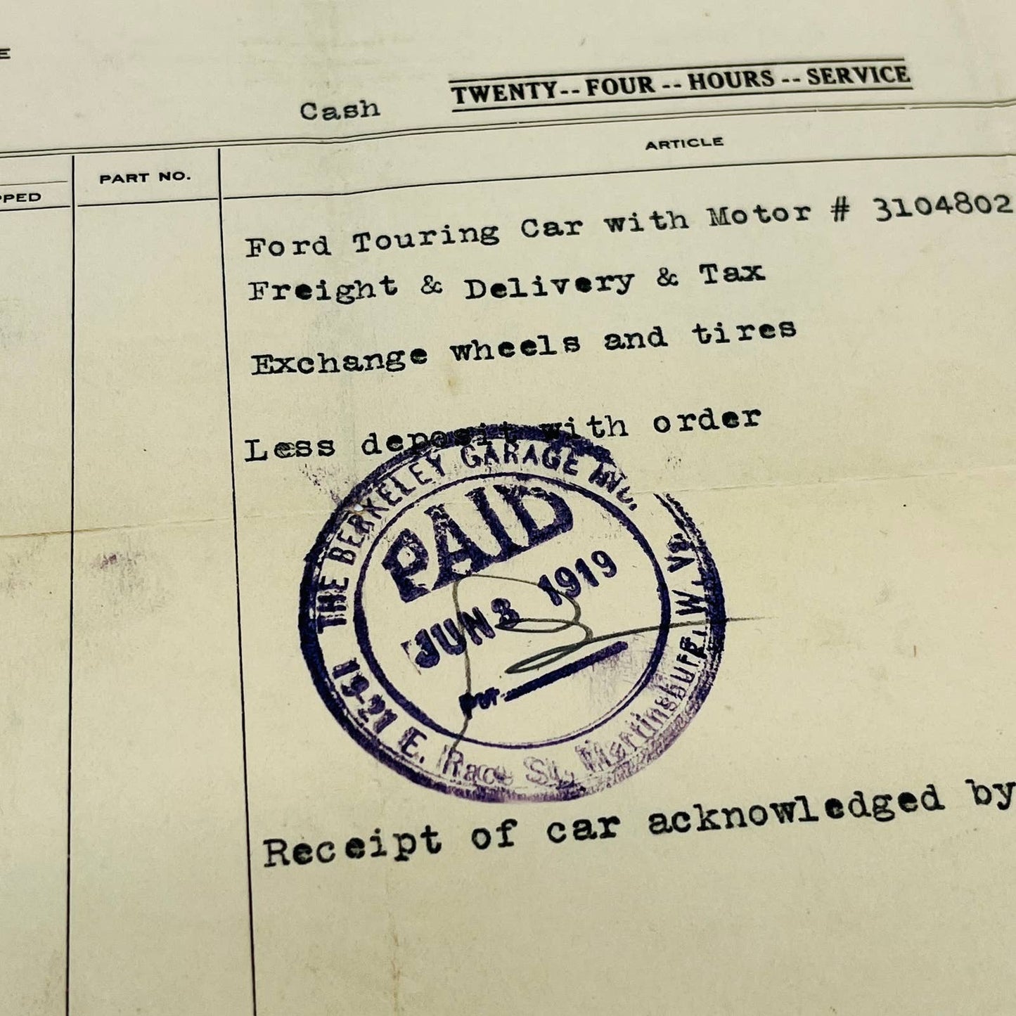 1919 Ford Touring Car Invoice $585 Berkeley Garage Martinsburg West Virginia D1