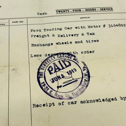 1919 Ford Touring Car Invoice $585 Berkeley Garage Martinsburg West Virginia D1