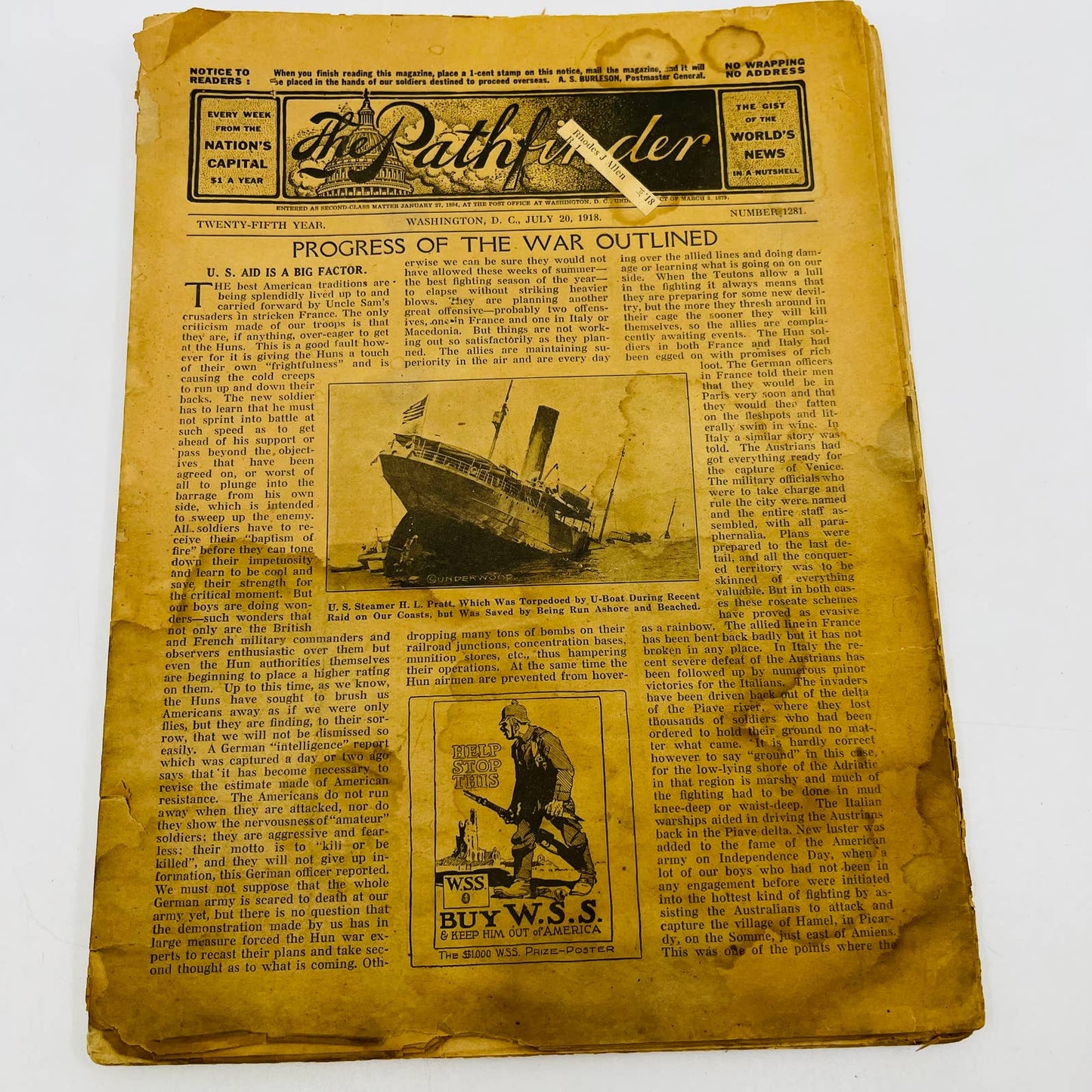 1918 WWI The Pathfinder Newspaper War Progress Lot of 4 Washington DC TD6