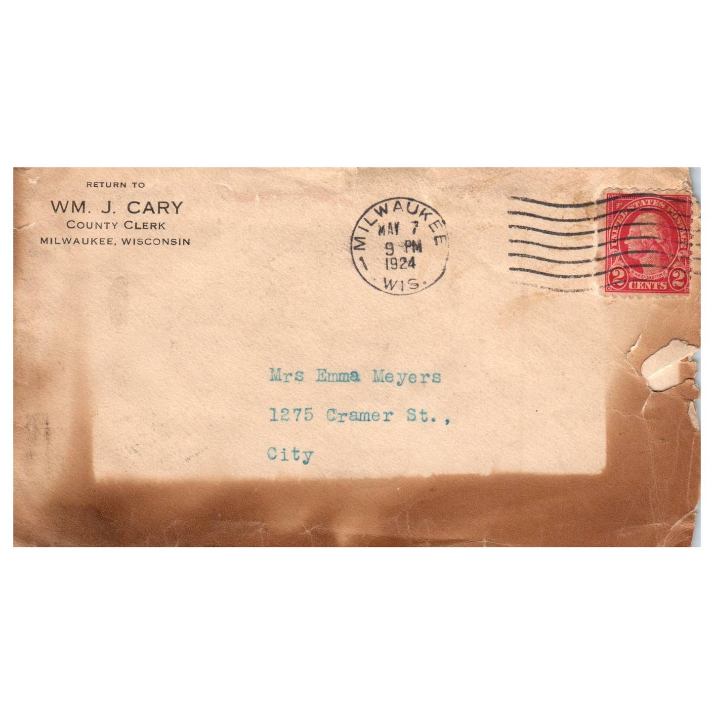 1924 Letter from Milwaukee County Clerk WM J. Cary & Shorewood to Emma Myers SE4