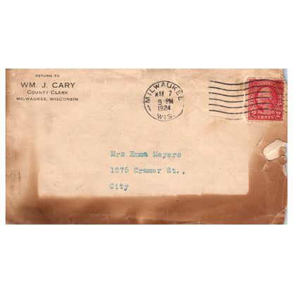 1924 Letter from Milwaukee County Clerk WM J. Cary & Shorewood to Emma Myers SE4