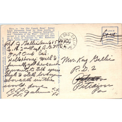 Robert Louis Stevenson House Monterey CA 1951 - Original Postcard TJ7-RP3
